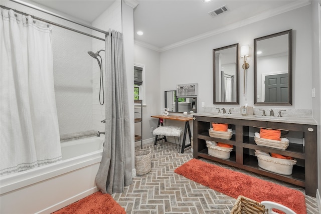 11519 Shadow Way St, Houston, TX 77024 - full bathroom featuring crown molding, brick floor, recessed lighting, baseboards, and shower / tub combo