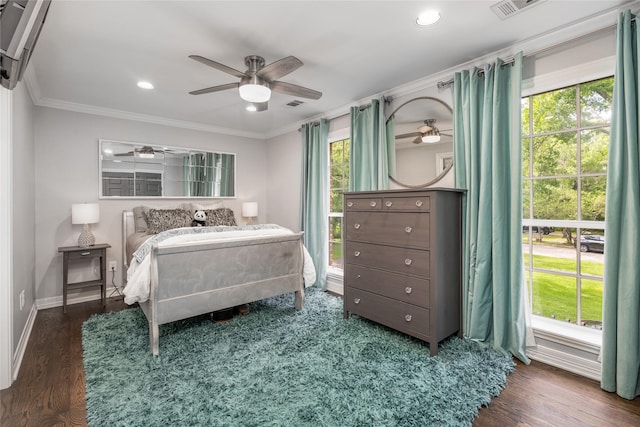 11519 Shadow Way St, Houston, TX 77024 - bedroom featuring visible vents, ornamental molding, wood finished floors, baseboards, and recessed lighting