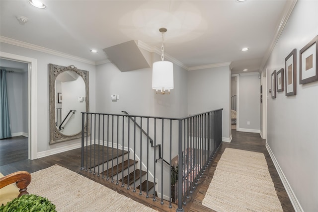 11519 Shadow Way St, Houston, TX 77024 - corridor featuring crown molding, wood finished floors, baseboards, recessed lighting, and an upstairs landing