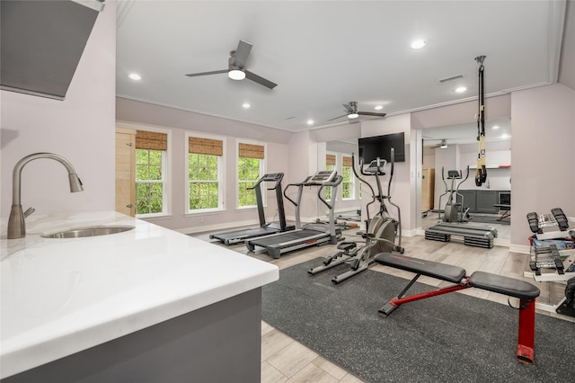 11519 Shadow Way St, Houston, TX 77024 - gym featuring visible vents, a sink, plenty of natural light, and a ceiling fan