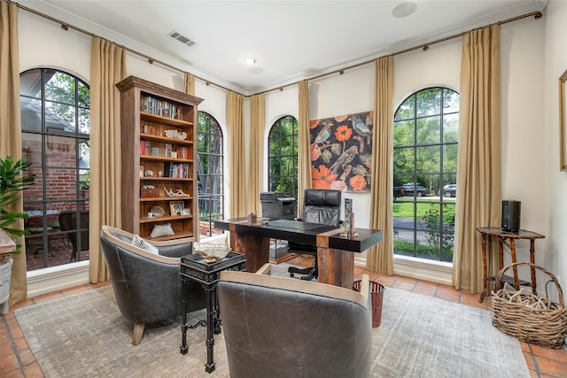 11519 Shadow Way St, Houston, TX 77024 - tiled office with visible vents, crown molding, and a wealth of natural light