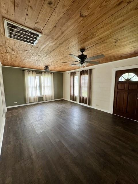 unfurnished living room featuring ceiling fan, visible vents, a healthy amount of sunlight, and wooden ceiling