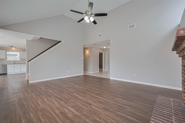 23931 Griffin House Ln, Katy, TX 77493 - unfurnished living room with dark wood-type flooring, visible vents, a ceiling fan, and stairs