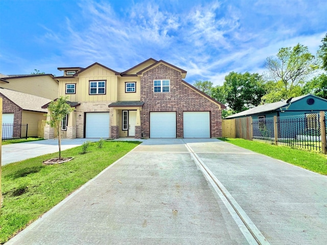 5602 Hirondel St A/B, Unit A/B Houston, TX 77033 - view of front of house featuring concrete driveway, board and batten siding, stone siding, a front yard, and fence