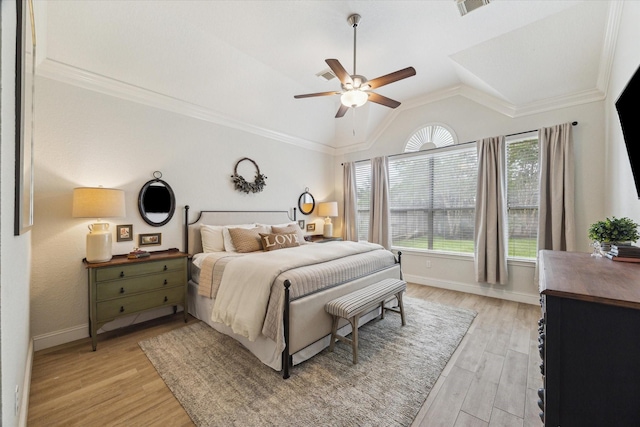 4406 Tarlton Way, Sugar Land, TX 77478 - bedroom featuring light wood finished floors, baseboards, lofted ceiling, ceiling fan, and ornamental molding