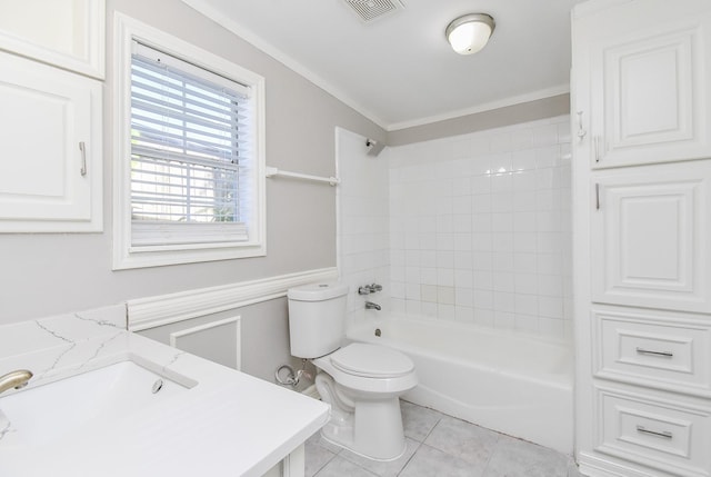 full bath with tile patterned floors, toilet, shower / bathtub combination, visible vents, and crown molding