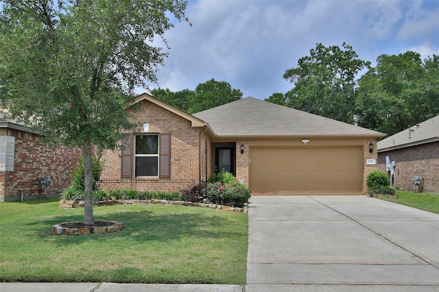 ranch-style house featuring brick siding, a garage, a front lawn, and concrete driveway