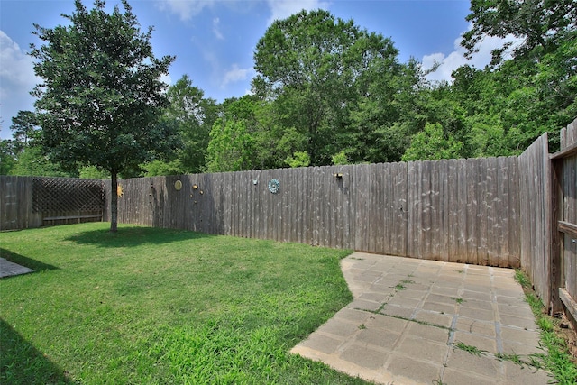 view of yard with a fenced backyard and a patio