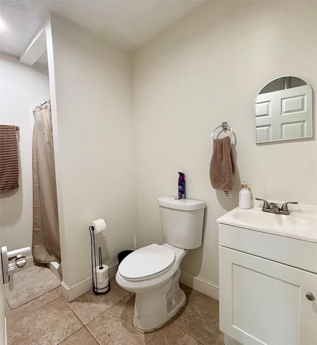 full bathroom with toilet, tile patterned flooring, vanity, and a shower with shower curtain