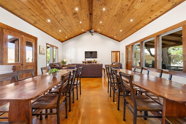 dining room featuring wooden ceiling, a wealth of natural light, and lofted ceiling