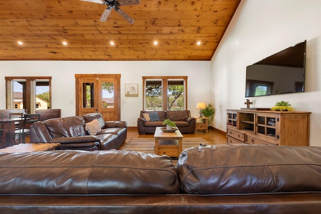 living area featuring recessed lighting, plenty of natural light, wood finished floors, and wood ceiling