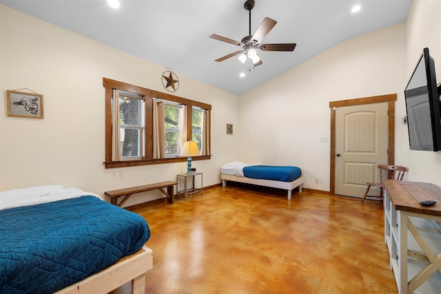bedroom with lofted ceiling, concrete floors, recessed lighting, and baseboards