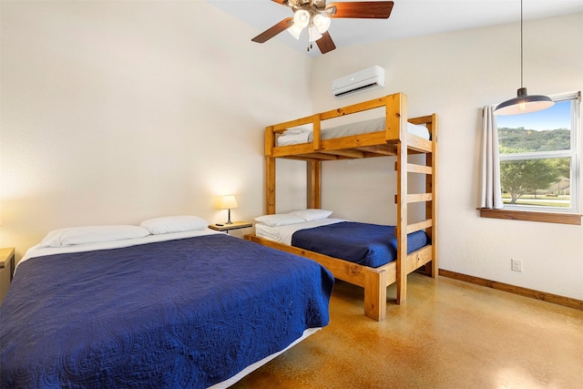 bedroom featuring baseboards, a ceiling fan, and an AC wall unit