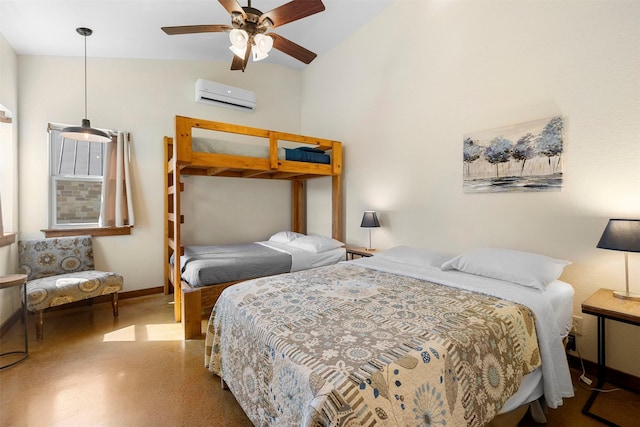 bedroom with baseboards, high vaulted ceiling, a ceiling fan, and a wall mounted AC