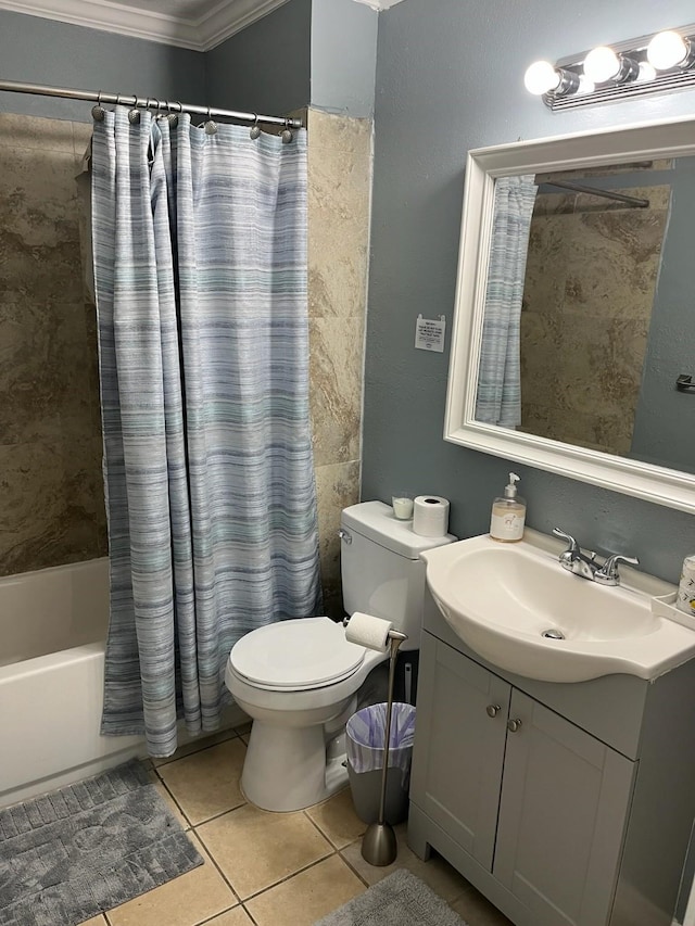 bathroom with vanity, tile patterned floors, toilet, ornamental molding, and shower / tub combo with curtain