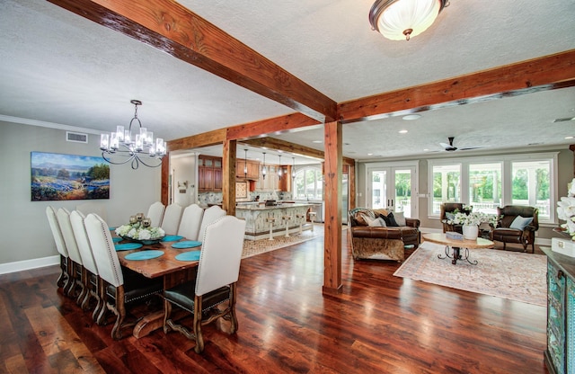 dining room featuring a textured ceiling, baseboards, beamed ceiling, visible vents, and dark wood-style floors