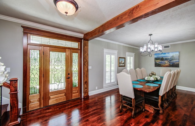 dining room featuring beam ceiling, wood finished floors, baseboards, a chandelier, and ornamental molding