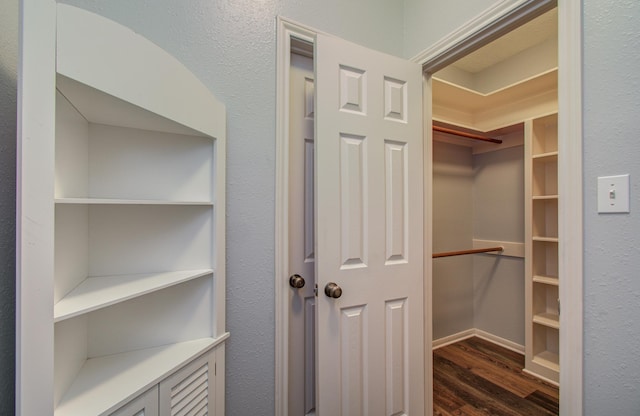 spacious closet with dark wood finished floors