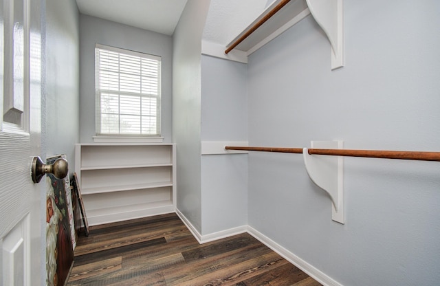 spacious closet with dark wood finished floors