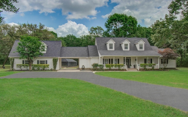 cape cod-style house featuring covered porch, roof with shingles, driveway, and a front yard