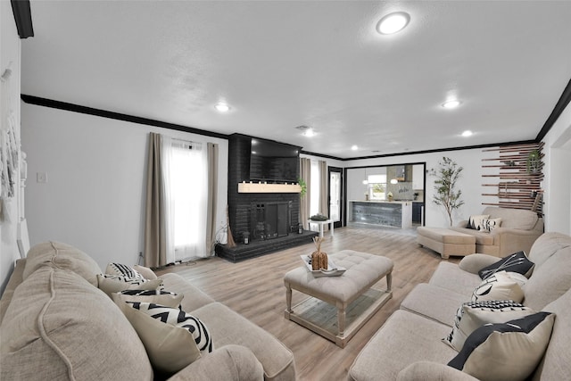 living room featuring crown molding, a fireplace, and a wealth of natural light
