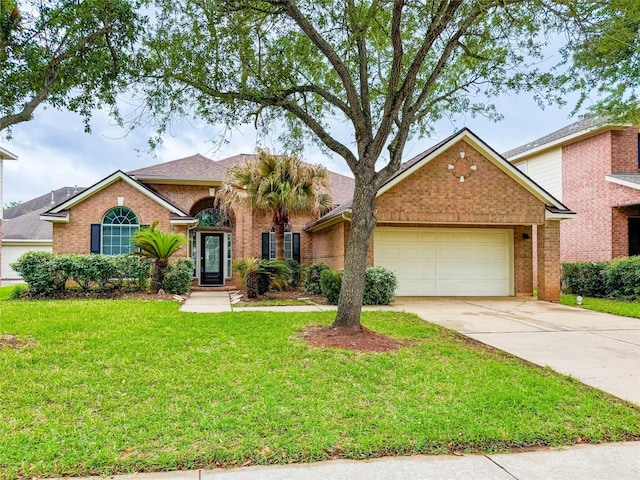 view of front facade with a garage, brick siding, driveway, and a front yard