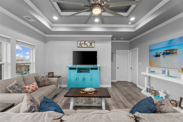 886 Sandollar, Crystal Beach, TX 77650 - living area featuring ornamental molding, ceiling fan, and wood finished floors