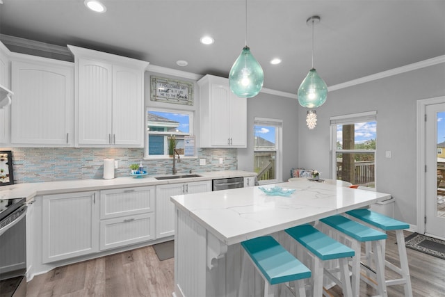 886 Sandollar, Crystal Beach, TX 77650 - kitchen with light wood finished floors, a sink, tasteful backsplash, ornamental molding, and dishwasher