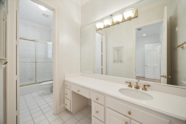 2 Wexford Ct, Piney Point Village, TX 77024 - bathroom with tile patterned floors, toilet, combined bath / shower with glass door, vanity, and crown molding