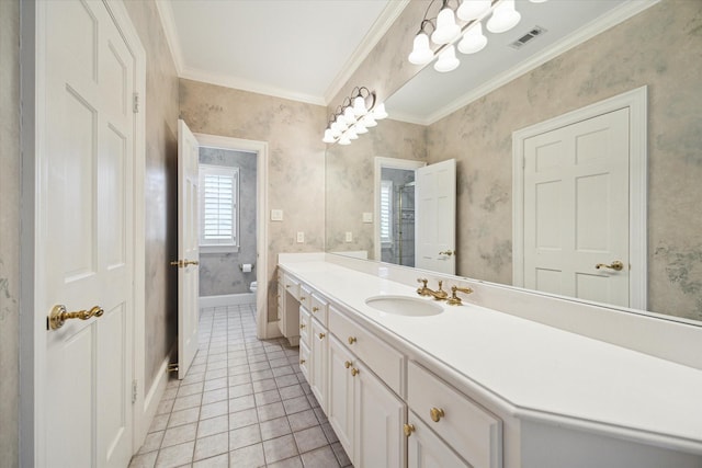 2 Wexford Ct, Piney Point Village, TX 77024 - bathroom with vanity, tile patterned flooring, toilet, ornamental molding, and wallpapered walls