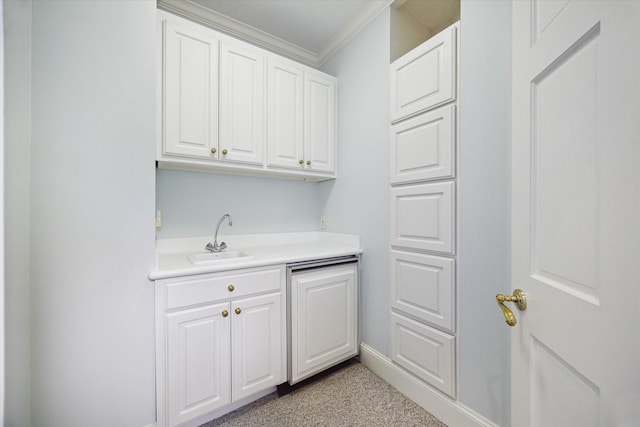 2 Wexford Ct, Piney Point Village, TX 77024 - laundry room with a sink, ornamental molding, light carpet, and baseboards