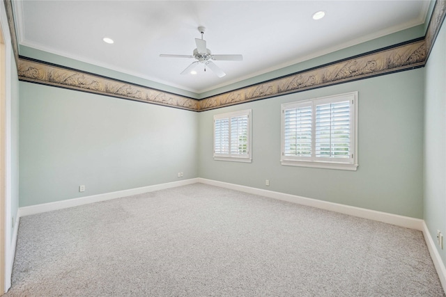 2 Wexford Ct, Piney Point Village, TX 77024 - carpeted spare room with crown molding, baseboards, recessed lighting, and ceiling fan