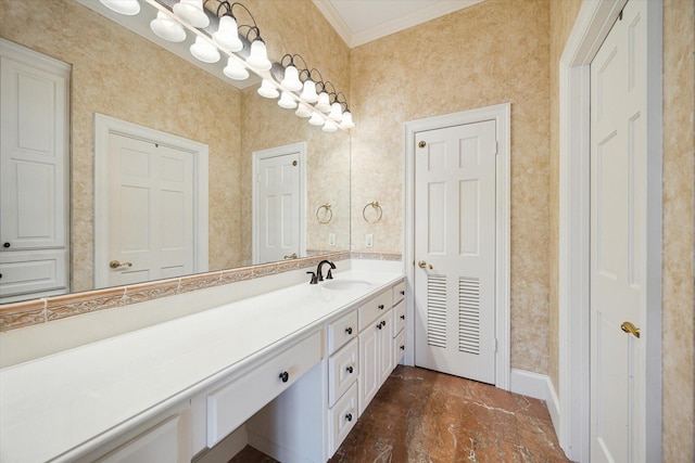 2 Wexford Ct, Piney Point Village, TX 77024 - bathroom featuring vanity, ornamental molding, baseboards, and stone finish flooring