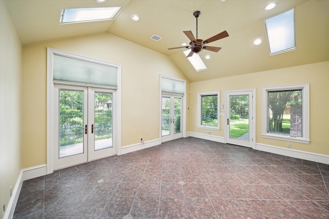 2 Wexford Ct, Piney Point Village, TX 77024 - empty room featuring a skylight, french doors, lofted ceiling, ceiling fan, and recessed lighting