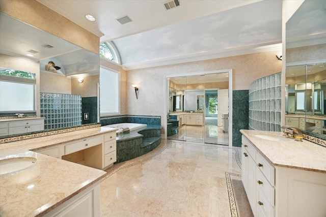 2 Wexford Ct, Piney Point Village, TX 77024 - full bath featuring two vanities, ornamental molding, a bath, lofted ceiling, and marble tiled floors