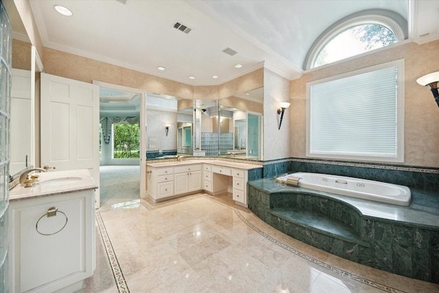 2 Wexford Ct, Piney Point Village, TX 77024 - full bathroom with a garden tub, two vanities, inlaid floor details, marble tiled flooring, and ornamental molding