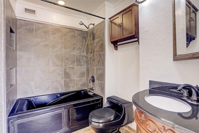 full bathroom with visible vents, toilet, ornamental molding, bathing tub / shower combination, and vanity
