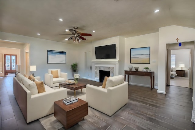 19402 Bear Meadow Ln, Katy, TX 77449 - living area with baseboards, a ceiling fan, recessed lighting, a premium fireplace, and wood finished floors
