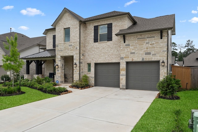 1025 Mission River Dr, Conroe, TX 77304 - view of front of home featuring a standing seam roof, driveway, stone siding, and an attached garage