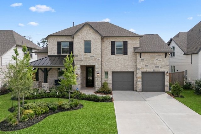 1025 Mission River Dr, Conroe, TX 77304 - french country style house featuring roof with shingles, a front lawn, driveway, and stone siding