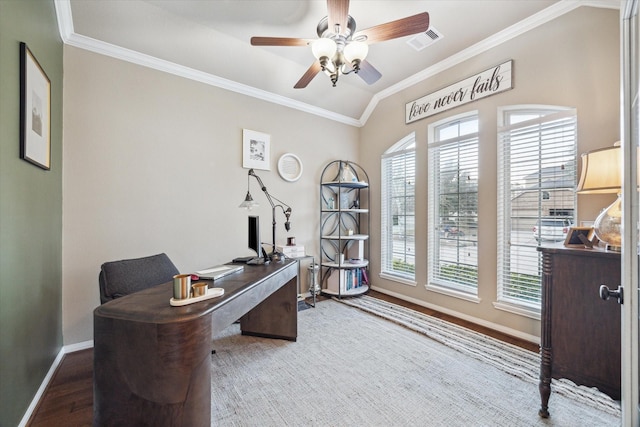 8143 Black Percher St, Conroe, TX 77385 - office area featuring ornamental molding, baseboards, a ceiling fan, wood finished floors, and vaulted ceiling