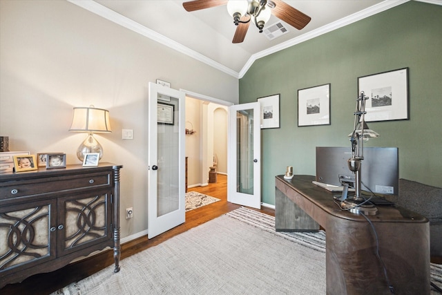 8143 Black Percher St, Conroe, TX 77385 - office featuring french doors, wood finished floors, a ceiling fan, crown molding, and baseboards
