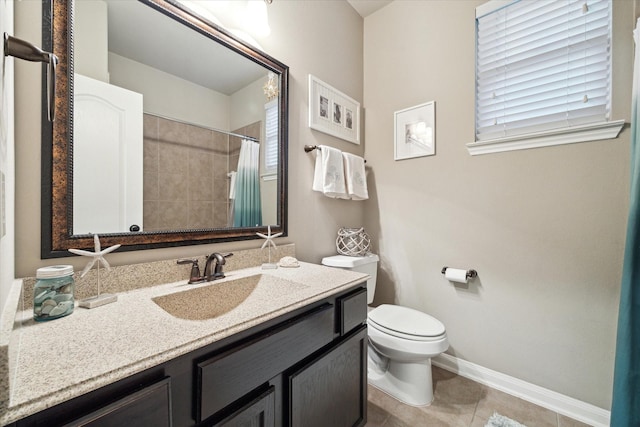 8143 Black Percher St, Conroe, TX 77385 - bathroom with toilet, vanity, tile patterned flooring, baseboards, and a shower with curtain