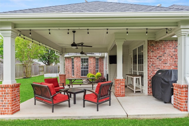 view of patio / terrace featuring fence, a ceiling fan, an outdoor living space, and a grill