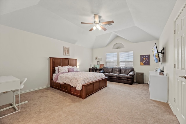 bedroom featuring visible vents, lofted ceiling, light carpet, baseboards, and a ceiling fan