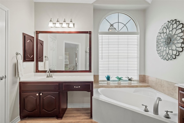 bathroom featuring vanity, a bath, and wood finished floors