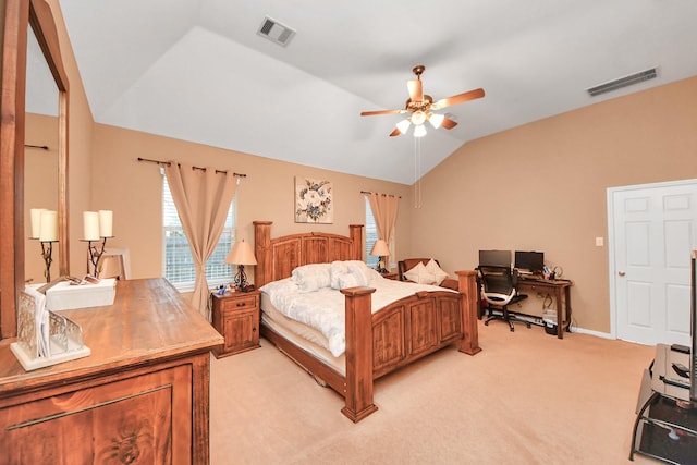 bedroom featuring visible vents, ceiling fan, vaulted ceiling, and light carpet