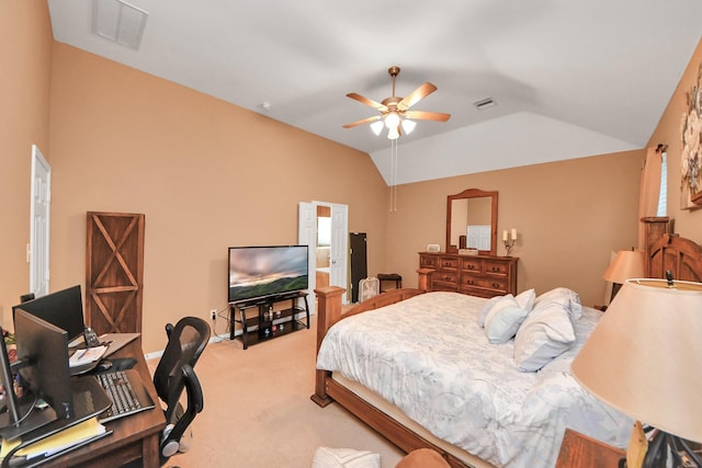 carpeted bedroom featuring visible vents, ceiling fan, and lofted ceiling
