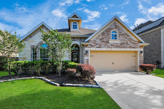 view of front facade with a front yard, concrete driveway, an attached garage, a shingled roof, and stone siding