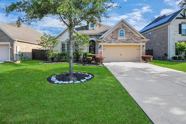 view of front facade featuring fence, an attached garage, a front lawn, stone siding, and driveway